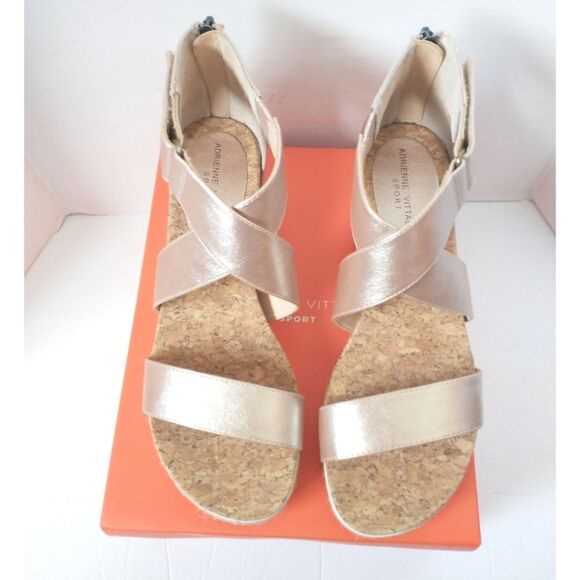 New! ADRIENNE VITTADINI Criss-Cross Sporty Wedge Sandals Open-Toe Shoe Champagne - Picture 1 of 7